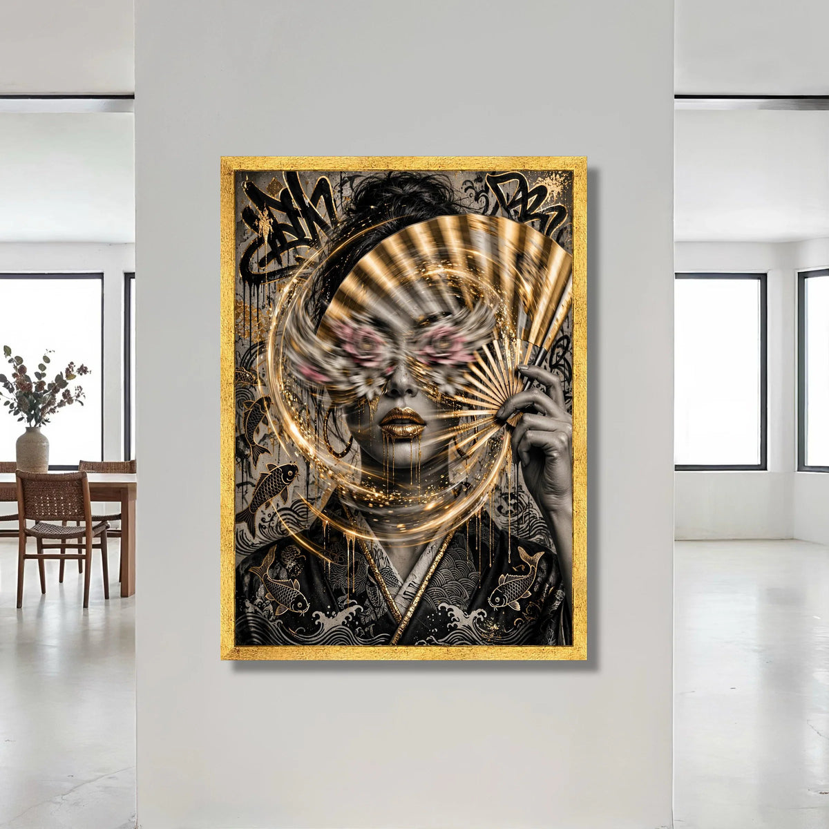 Golden Mystique Woman with Fan Canvas, Abstract Portrait Wall Art, Asian-Inspired Face Design, Modern Decorative Canvas, Canvas Print Art