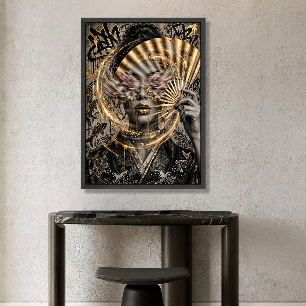 Golden Mystique Woman with Fan Canvas, Abstract Portrait Wall Art, Asian-Inspired Face Design, Modern Decorative Canvas, Canvas Print Art