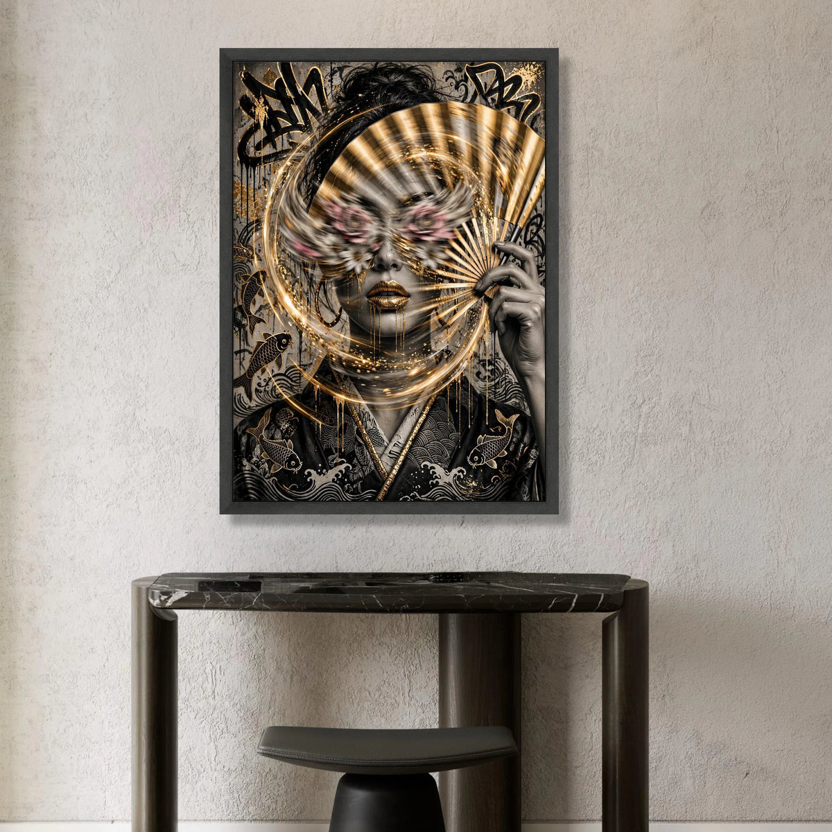 Golden Mystique Woman with Fan Canvas, Abstract Portrait Wall Art, Asian-Inspired Face Design, Modern Decorative Canvas, Canvas Print Art