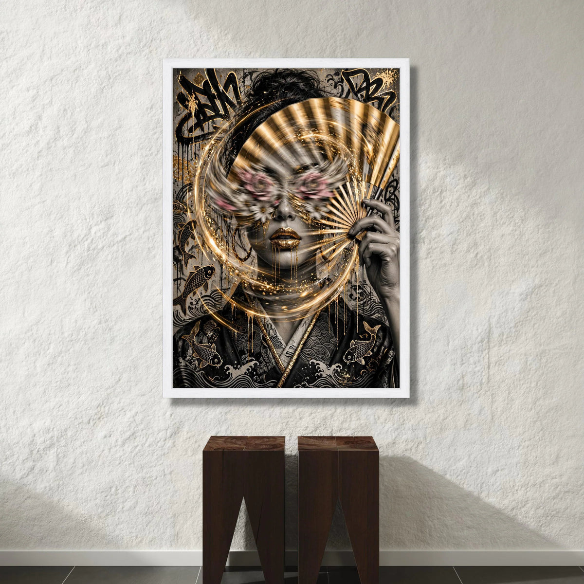 Golden Mystique Woman with Fan Canvas, Abstract Portrait Wall Art, Asian-Inspired Face Design, Modern Decorative Canvas, Canvas Print Art