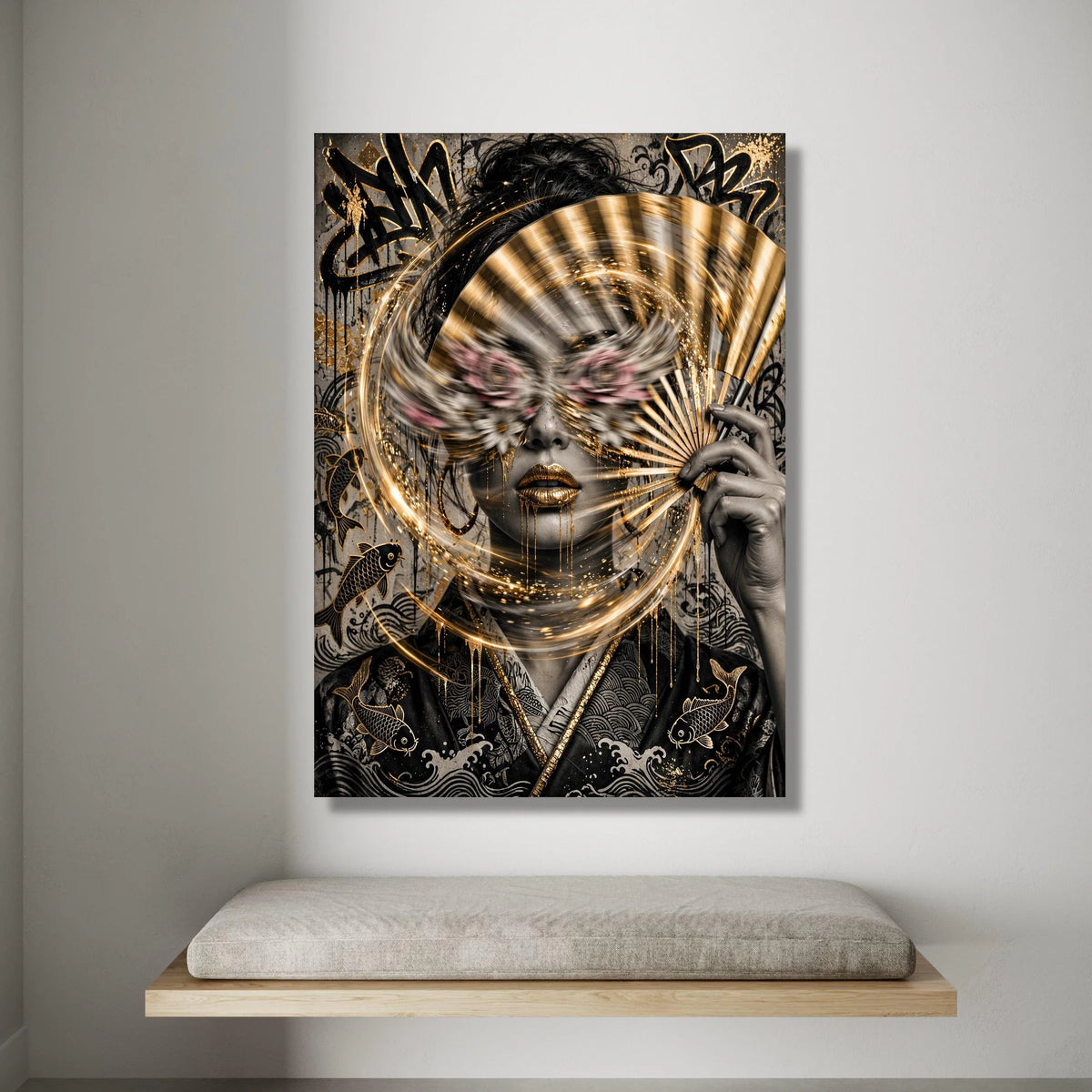 Golden Mystique Woman with Fan Canvas, Abstract Portrait Wall Art, Asian-Inspired Face Design, Modern Decorative Canvas, Canvas Print Art