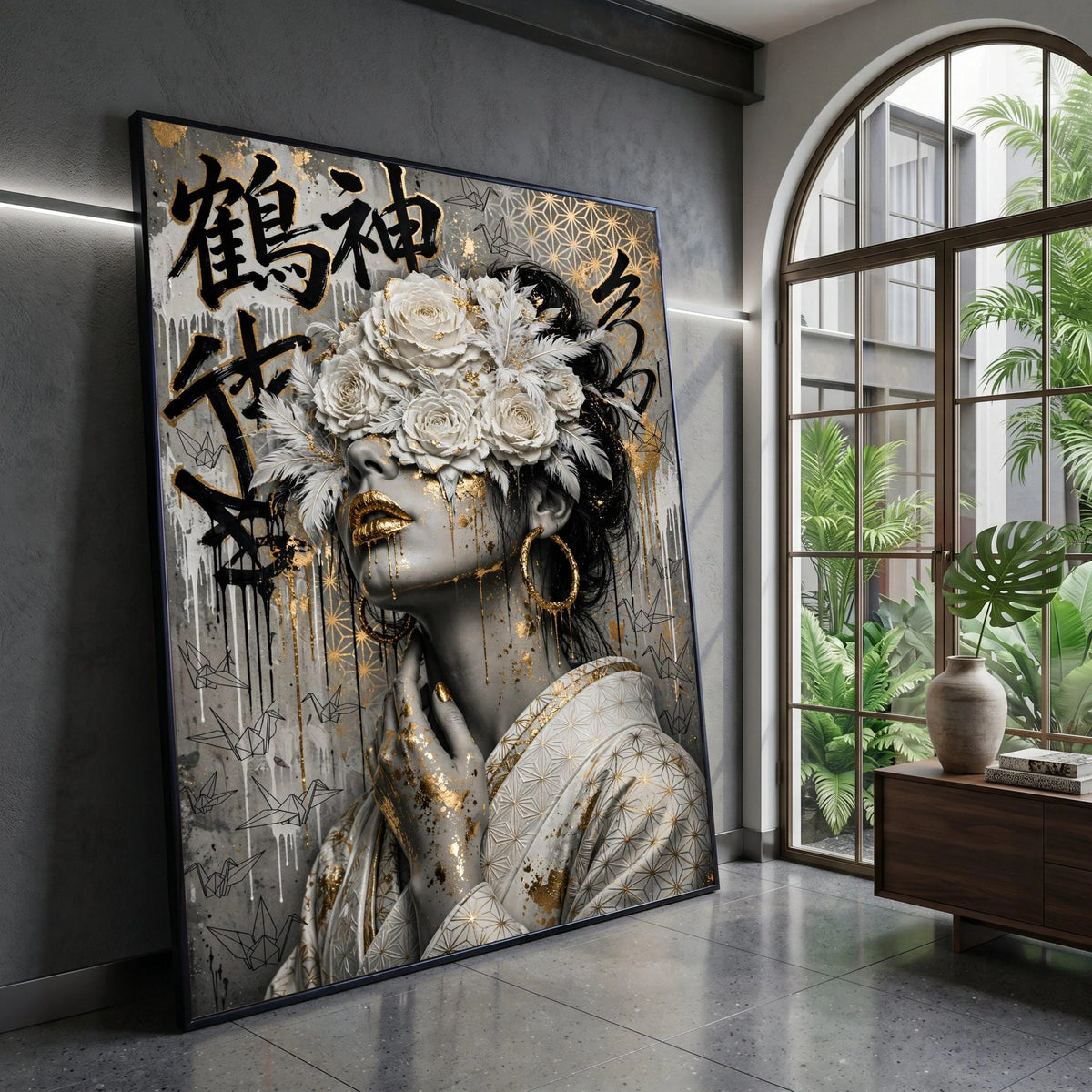Elegant Woman Portrait Canvas, Gold Accents Wall Art, Floral Headpiece Canvas, Asian Calligraphy Decoration, Modern Canvas Print Art