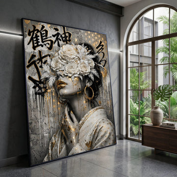Elegant Woman Portrait Canvas, Gold Accents Wall Art, Floral Headpiece Canvas, Asian Calligraphy Decoration, Modern Canvas Print Art
