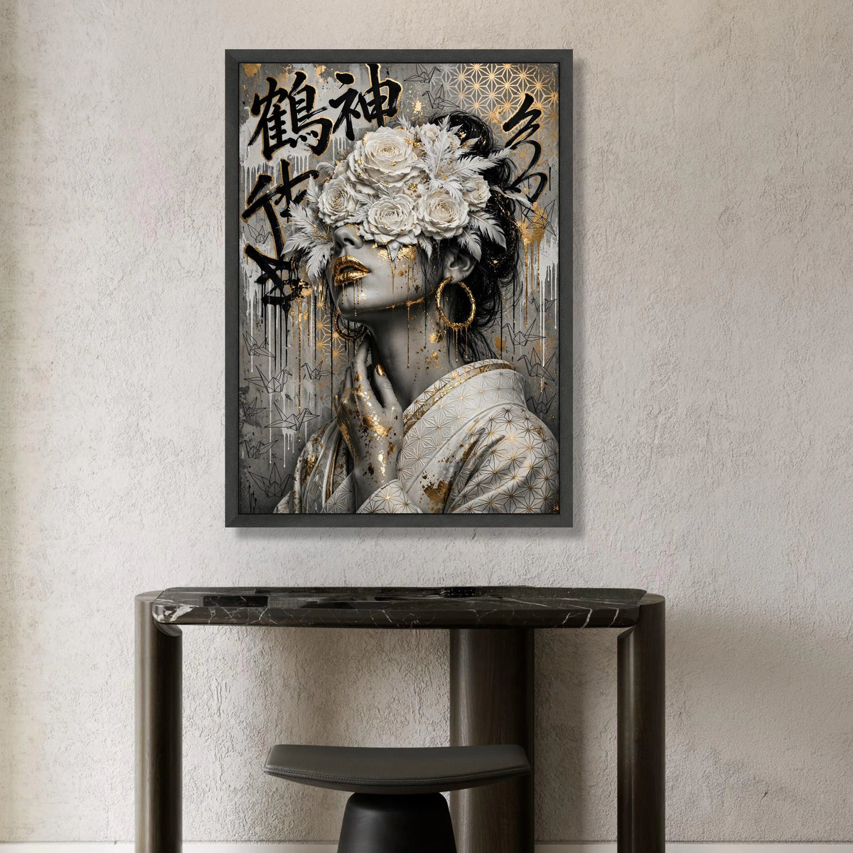 Elegant Woman Portrait Canvas, Gold Accents Wall Art, Floral Headpiece Canvas, Asian Calligraphy Decoration, Modern Canvas Print Art