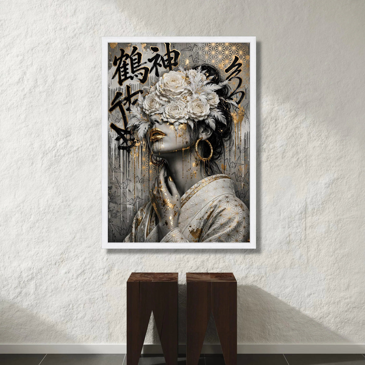 Elegant Woman Portrait Canvas, Gold Accents Wall Art, Floral Headpiece Canvas, Asian Calligraphy Decoration, Modern Canvas Print Art
