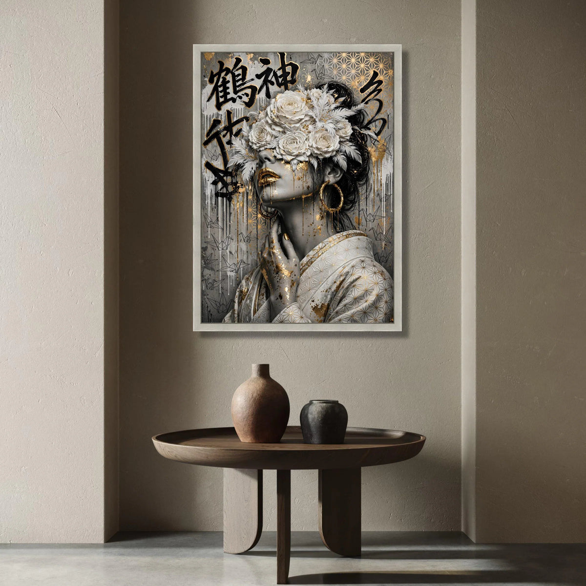 Elegant Woman Portrait Canvas, Gold Accents Wall Art, Floral Headpiece Canvas, Asian Calligraphy Decoration, Modern Canvas Print Art
