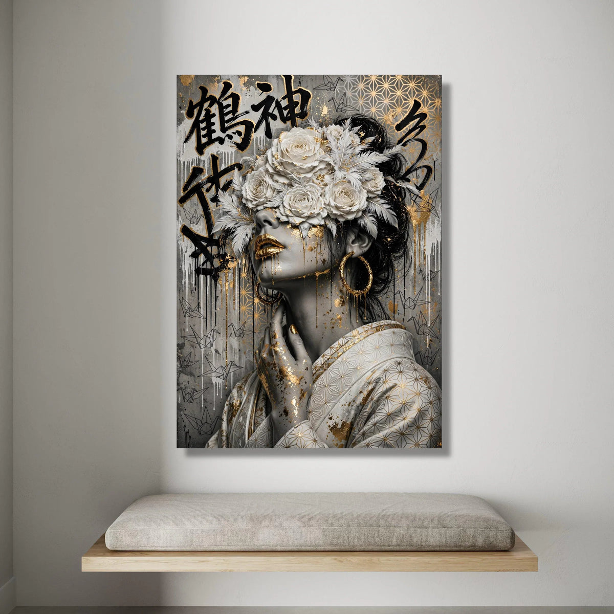 Elegant Woman Portrait Canvas, Gold Accents Wall Art, Floral Headpiece Canvas, Asian Calligraphy Decoration, Modern Canvas Print Art