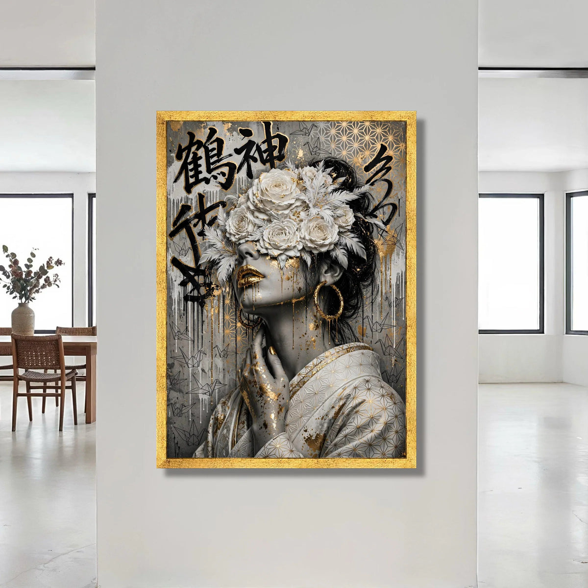 Elegant Woman Portrait Canvas, Gold Accents Wall Art, Floral Headpiece Canvas, Asian Calligraphy Decoration, Modern Canvas Print Art