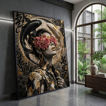 Modern Asian Woman Portrait Canvas, Floral Blindfold Art, Black and White Koi Fish, Gold Accents Wall Decor, Contemporary Canvas Print Art
