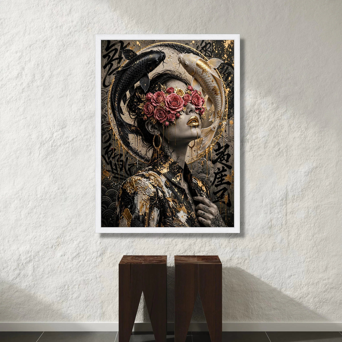 Modern Asian Woman Portrait Canvas, Floral Blindfold Art, Black and White Koi Fish, Gold Accents Wall Decor, Contemporary Canvas Print Art
