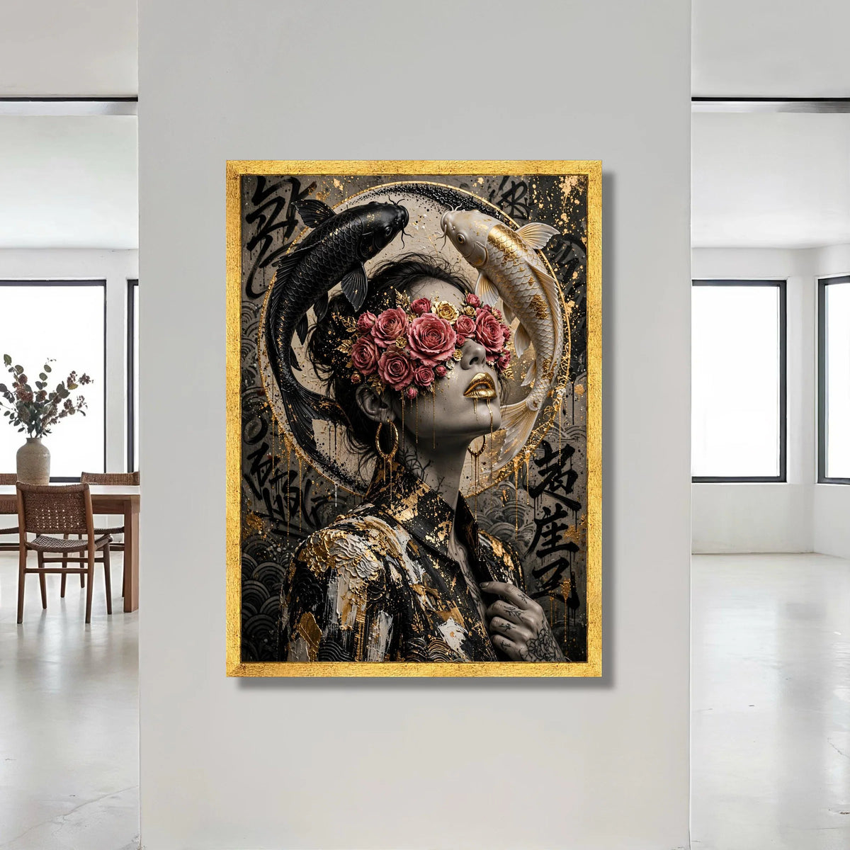 Modern Asian Woman Portrait Canvas, Floral Blindfold Art, Black and White Koi Fish, Gold Accents Wall Decor, Contemporary Canvas Print Art