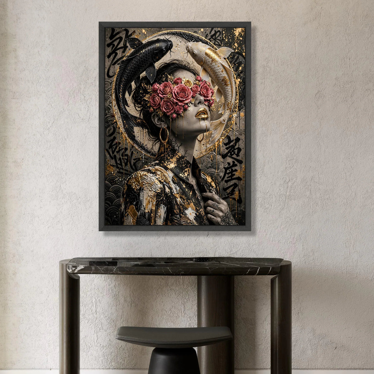 Modern Asian Woman Portrait Canvas, Floral Blindfold Art, Black and White Koi Fish, Gold Accents Wall Decor, Contemporary Canvas Print Art