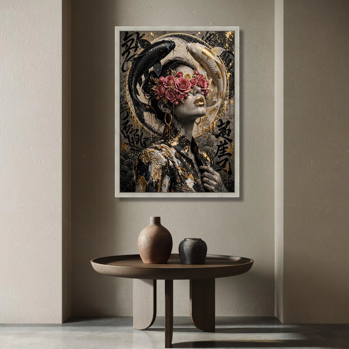Modern Asian Woman Portrait Canvas, Floral Blindfold Art, Black and White Koi Fish, Gold Accents Wall Decor, Contemporary Canvas Print Art