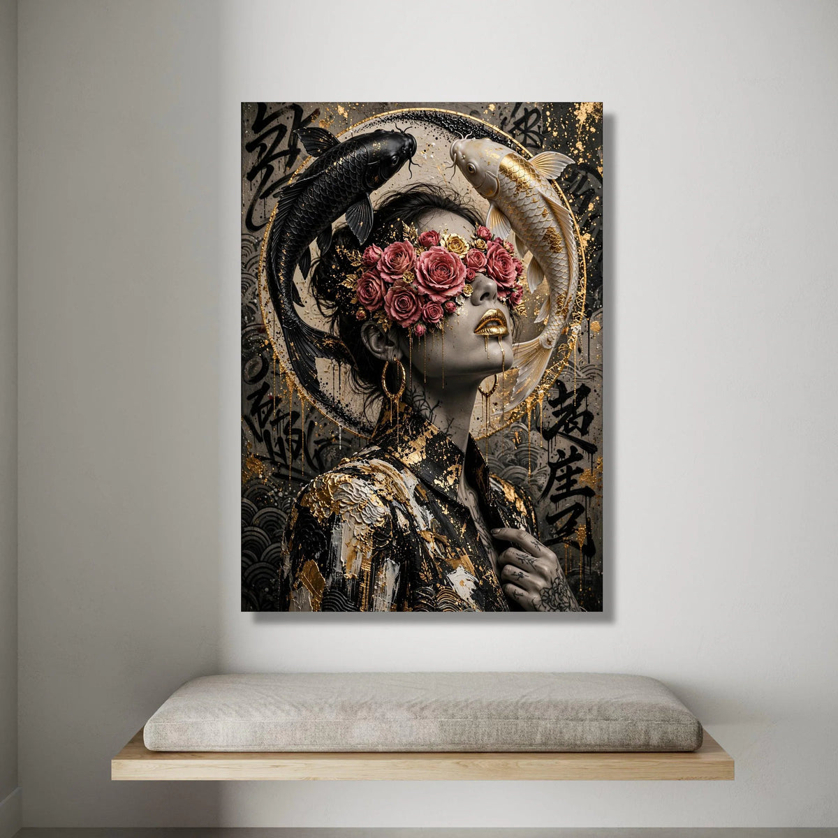 Modern Asian Woman Portrait Canvas, Floral Blindfold Art, Black and White Koi Fish, Gold Accents Wall Decor, Contemporary Canvas Print Art