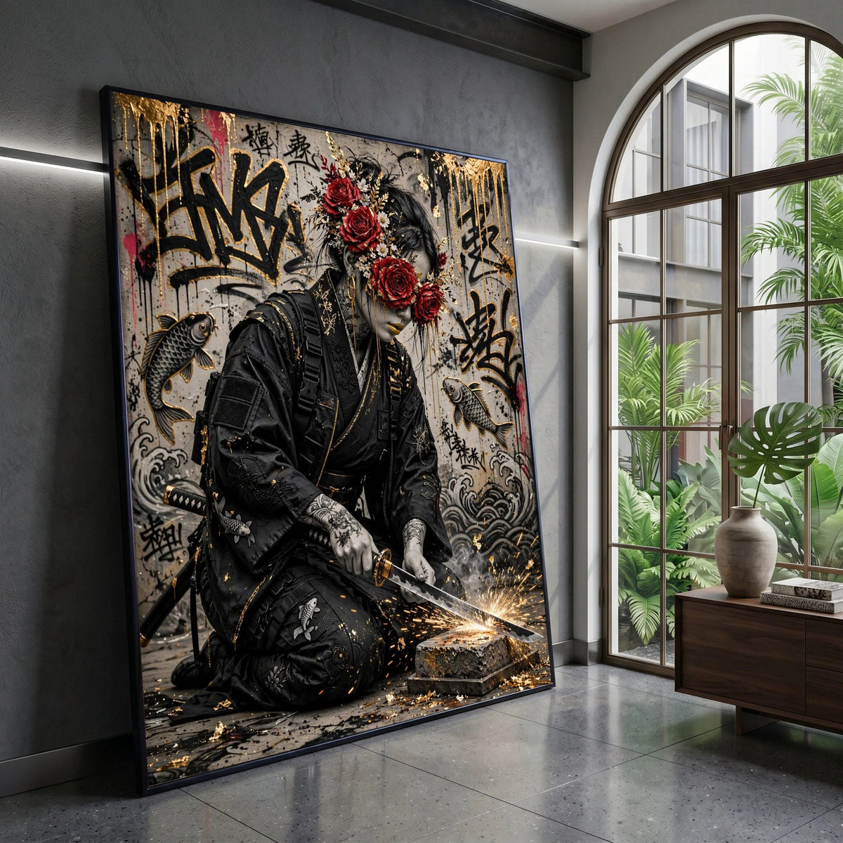 Modern Samurai Warrior, Floral Mask Canvas, Urban Graffiti Wall Art, Koi Fish Decor, Sword Crafting Scene, Japanese Tattoo Canvas Print Art