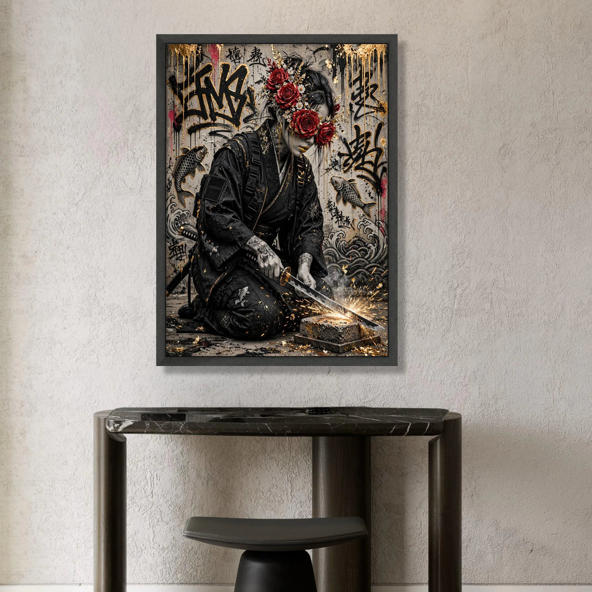 Modern Samurai Warrior, Floral Mask Canvas, Urban Graffiti Wall Art, Koi Fish Decor, Sword Crafting Scene, Japanese Tattoo Canvas Print Art