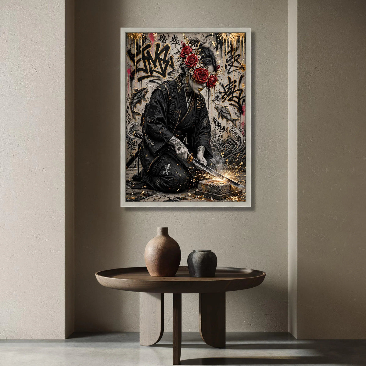 Modern Samurai Warrior, Floral Mask Canvas, Urban Graffiti Wall Art, Koi Fish Decor, Sword Crafting Scene, Japanese Tattoo Canvas Print Art