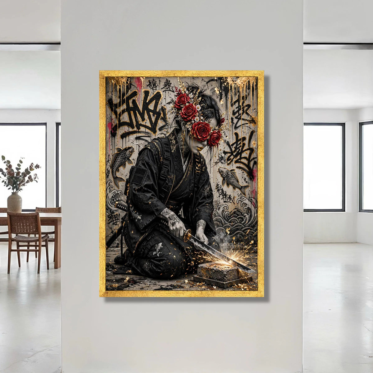 Modern Samurai Warrior, Floral Mask Canvas, Urban Graffiti Wall Art, Koi Fish Decor, Sword Crafting Scene, Japanese Tattoo Canvas Print Art