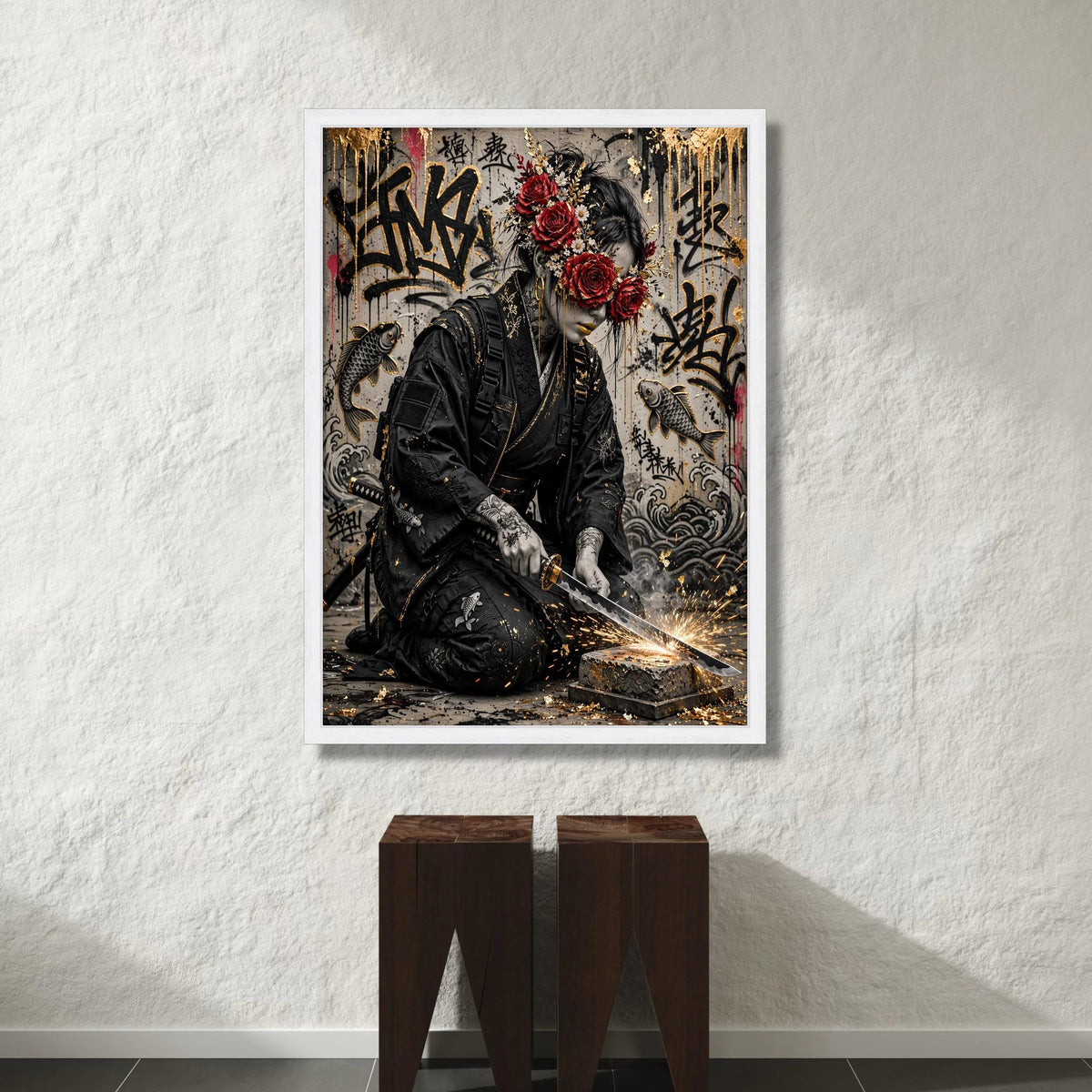 Modern Samurai Warrior, Floral Mask Canvas, Urban Graffiti Wall Art, Koi Fish Decor, Sword Crafting Scene, Japanese Tattoo Canvas Print Art