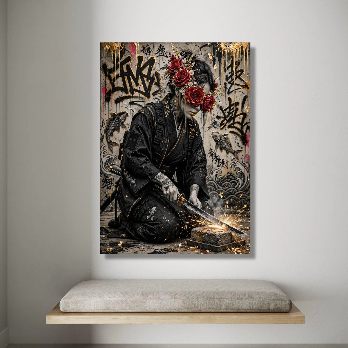 Modern Samurai Warrior, Floral Mask Canvas, Urban Graffiti Wall Art, Koi Fish Decor, Sword Crafting Scene, Japanese Tattoo Canvas Print Art