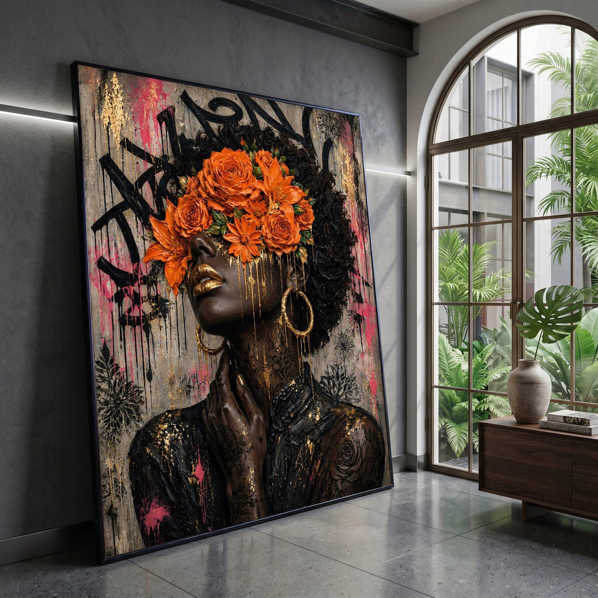 Modern Afrocentric Woman Portrait Canvas, Floral Headpiece Wall Art, Urban Abstract Face Canvas, Contemporary Home Canvas Print Art