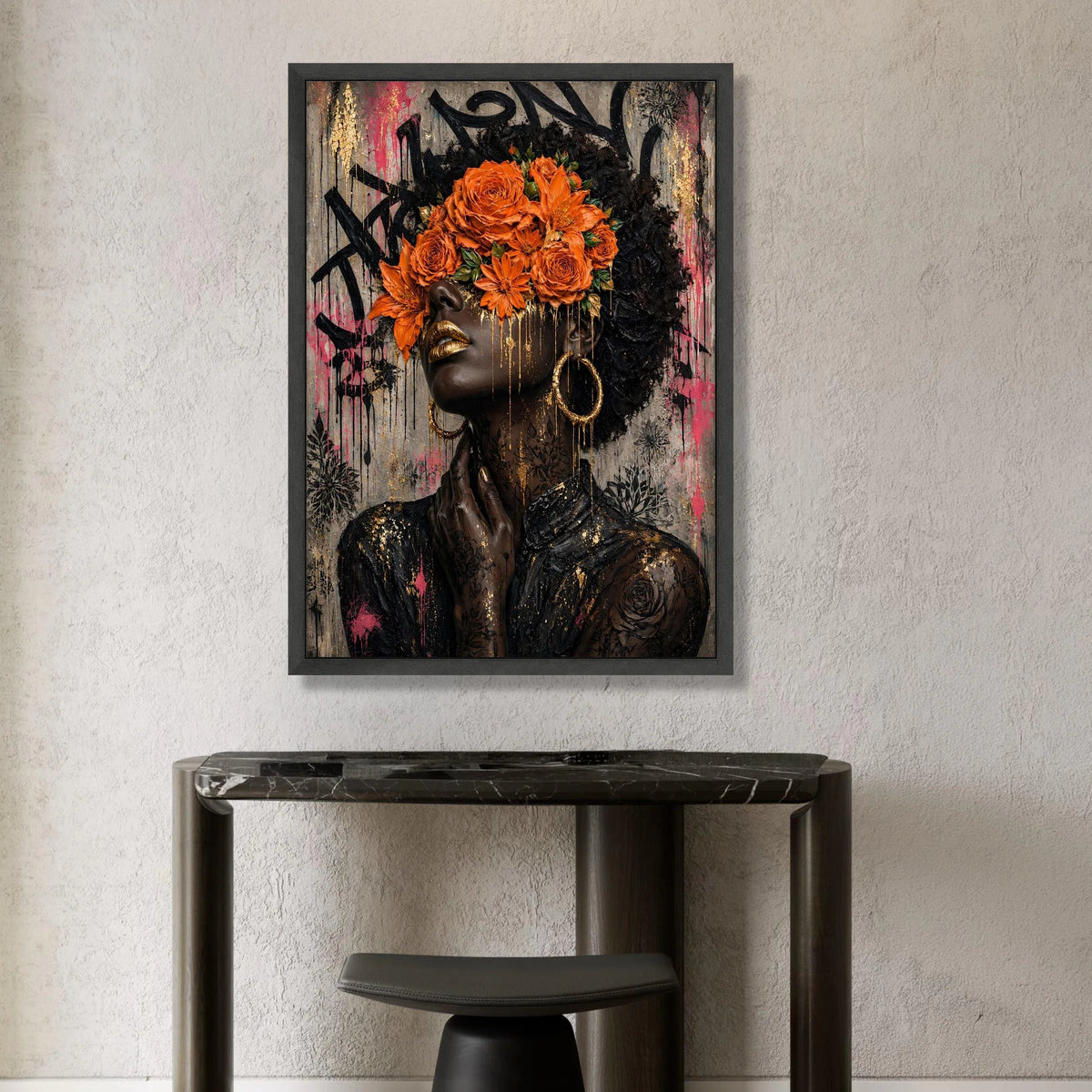 Modern Afrocentric Woman Portrait Canvas, Floral Headpiece Wall Art, Urban Abstract Face Canvas, Contemporary Home Canvas Print Art