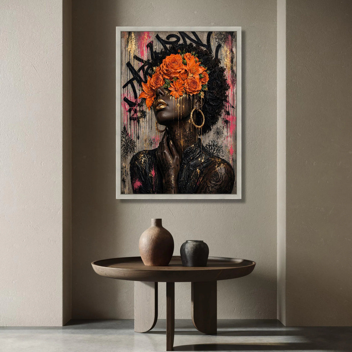 Modern Afrocentric Woman Portrait Canvas, Floral Headpiece Wall Art, Urban Abstract Face Canvas, Contemporary Home Canvas Print Art