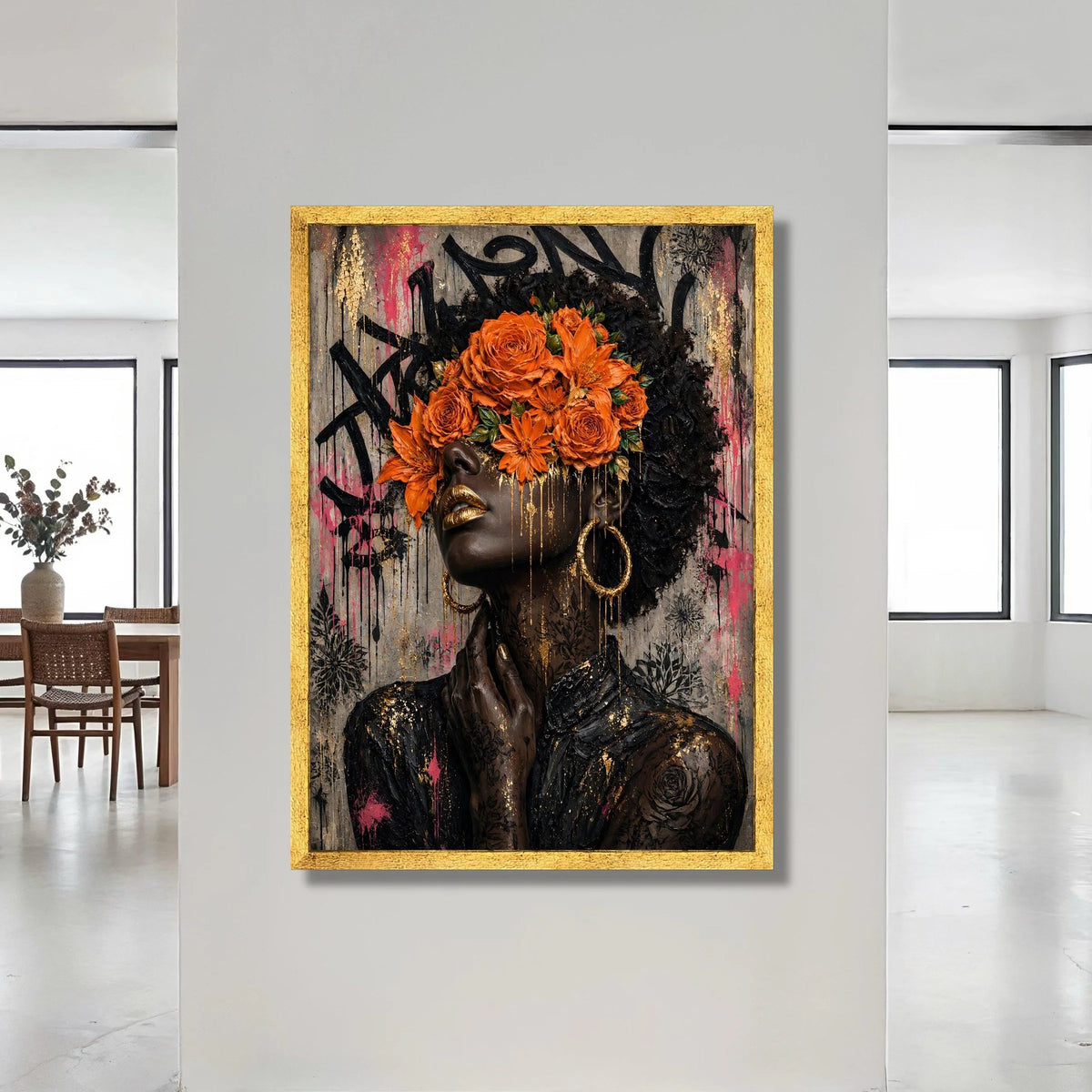 Modern Afrocentric Woman Portrait Canvas, Floral Headpiece Wall Art, Urban Abstract Face Canvas, Contemporary Home Canvas Print Art