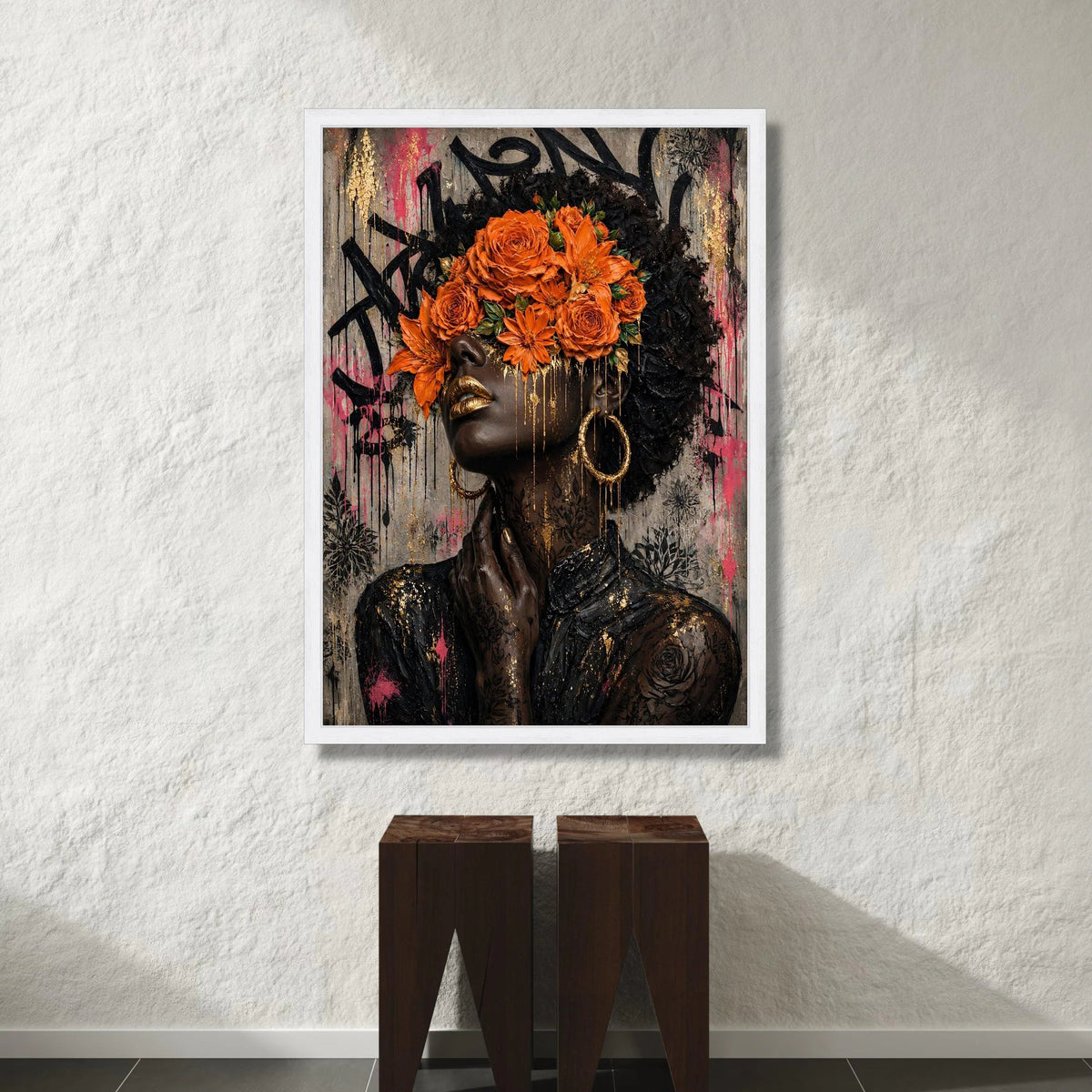 Modern Afrocentric Woman Portrait Canvas, Floral Headpiece Wall Art, Urban Abstract Face Canvas, Contemporary Home Canvas Print Art