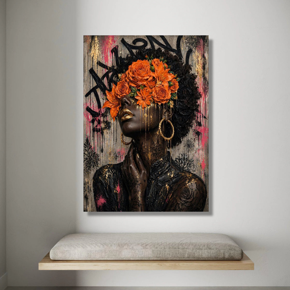 Modern Afrocentric Woman Portrait Canvas, Floral Headpiece Wall Art, Urban Abstract Face Canvas, Contemporary Home Canvas Print Art
