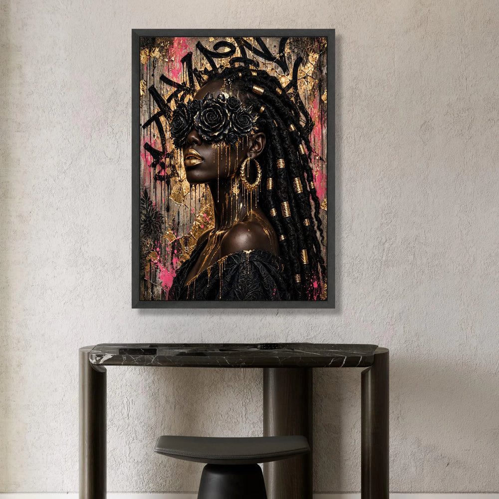 Elegant Black Rose Mask Canvas, Modern Portrait Wall Art, African Beauty Decor, Gold Accent Canvas, Glamorous Female Canvas Print Art