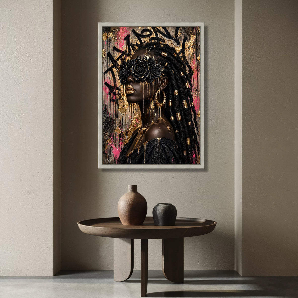 Elegant Black Rose Mask Canvas, Modern Portrait Wall Art, African Beauty Decor, Gold Accent Canvas, Glamorous Female Canvas Print Art