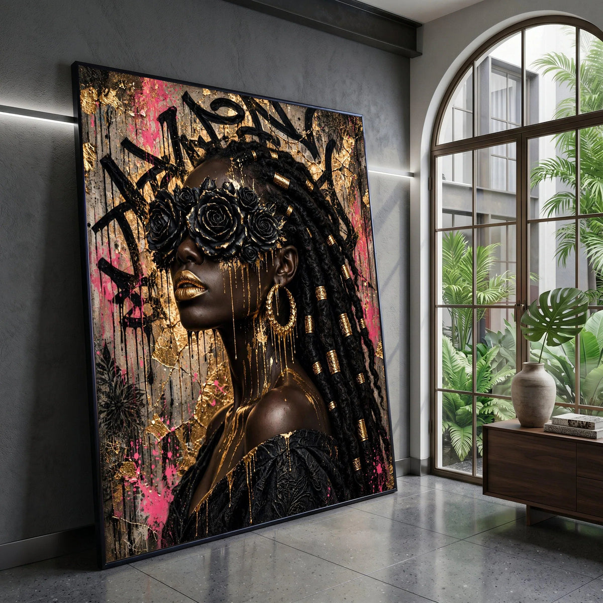 Elegant Black Rose Mask Canvas, Modern Portrait Wall Art, African Beauty Decor, Gold Accent Canvas, Glamorous Female Canvas Print Art