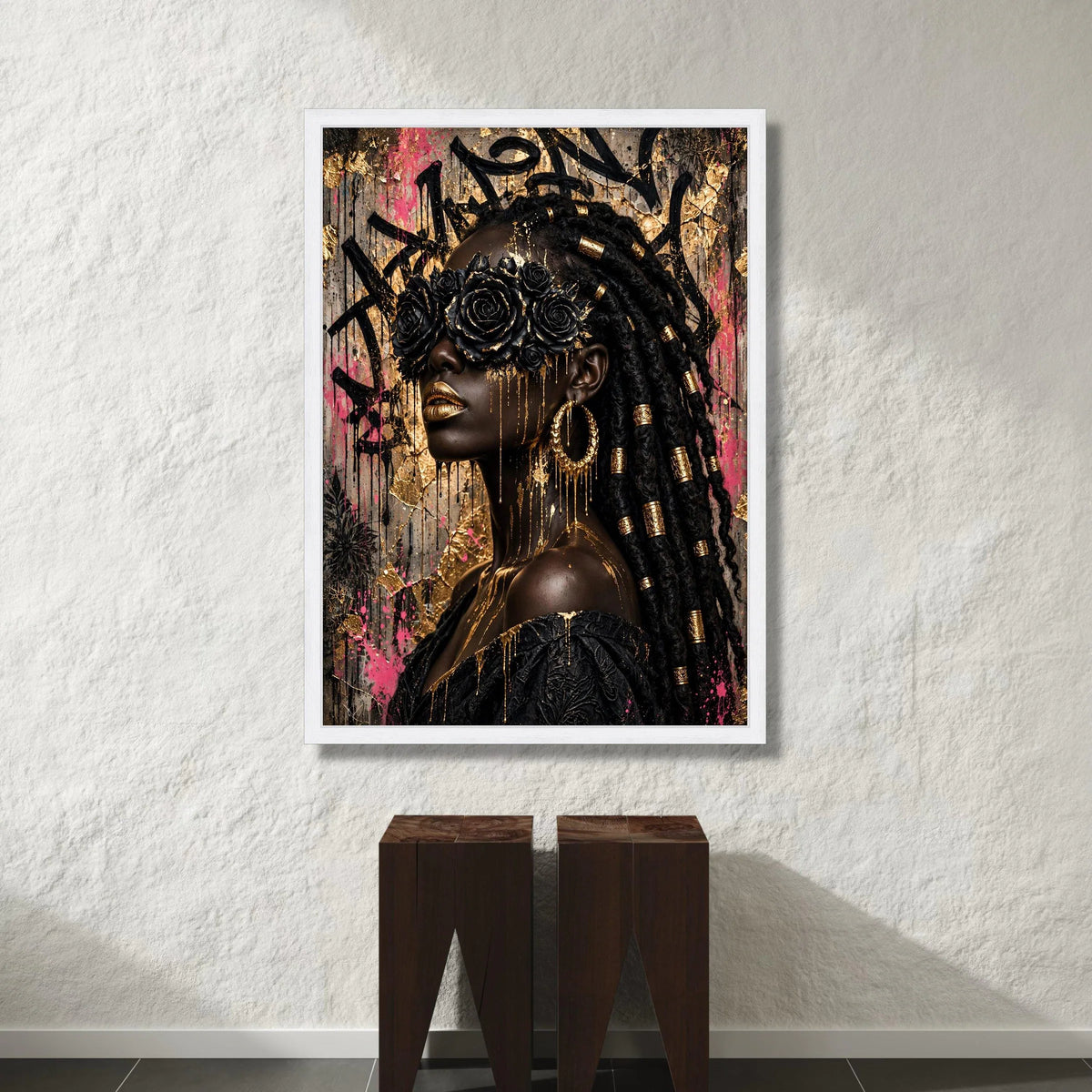 Elegant Black Rose Mask Canvas, Modern Portrait Wall Art, African Beauty Decor, Gold Accent Canvas, Glamorous Female Canvas Print Art