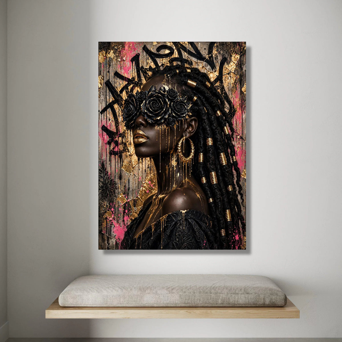 Elegant Black Rose Mask Canvas, Modern Portrait Wall Art, African Beauty Decor, Gold Accent Canvas, Glamorous Female Canvas Print Art