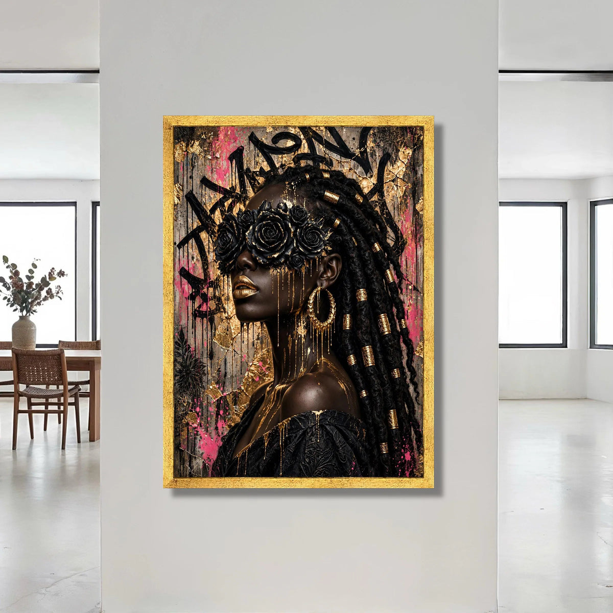 Elegant Black Rose Mask Canvas, Modern Portrait Wall Art, African Beauty Decor, Gold Accent Canvas, Glamorous Female Canvas Print Art