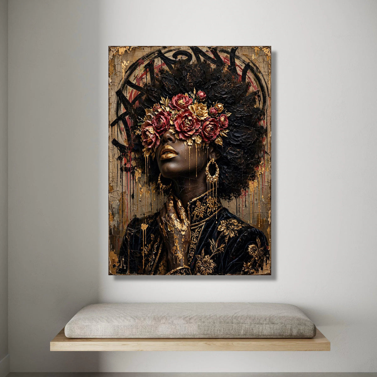 Elegant Woman Portrait with Floral Crown, Gold Accents Canvas, Black and Gold Wall Art, Fashion Art Decoration, Luxe Canvas Print Art