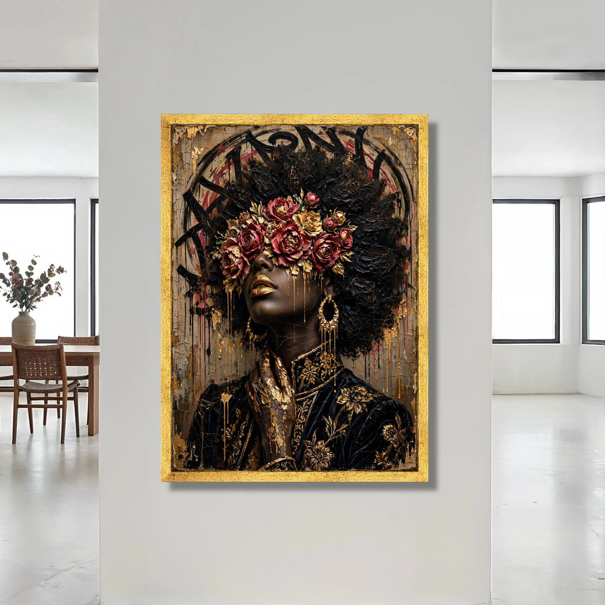Elegant Woman Portrait with Floral Crown, Gold Accents Canvas, Black and Gold Wall Art, Fashion Art Decoration, Luxe Canvas Print Art