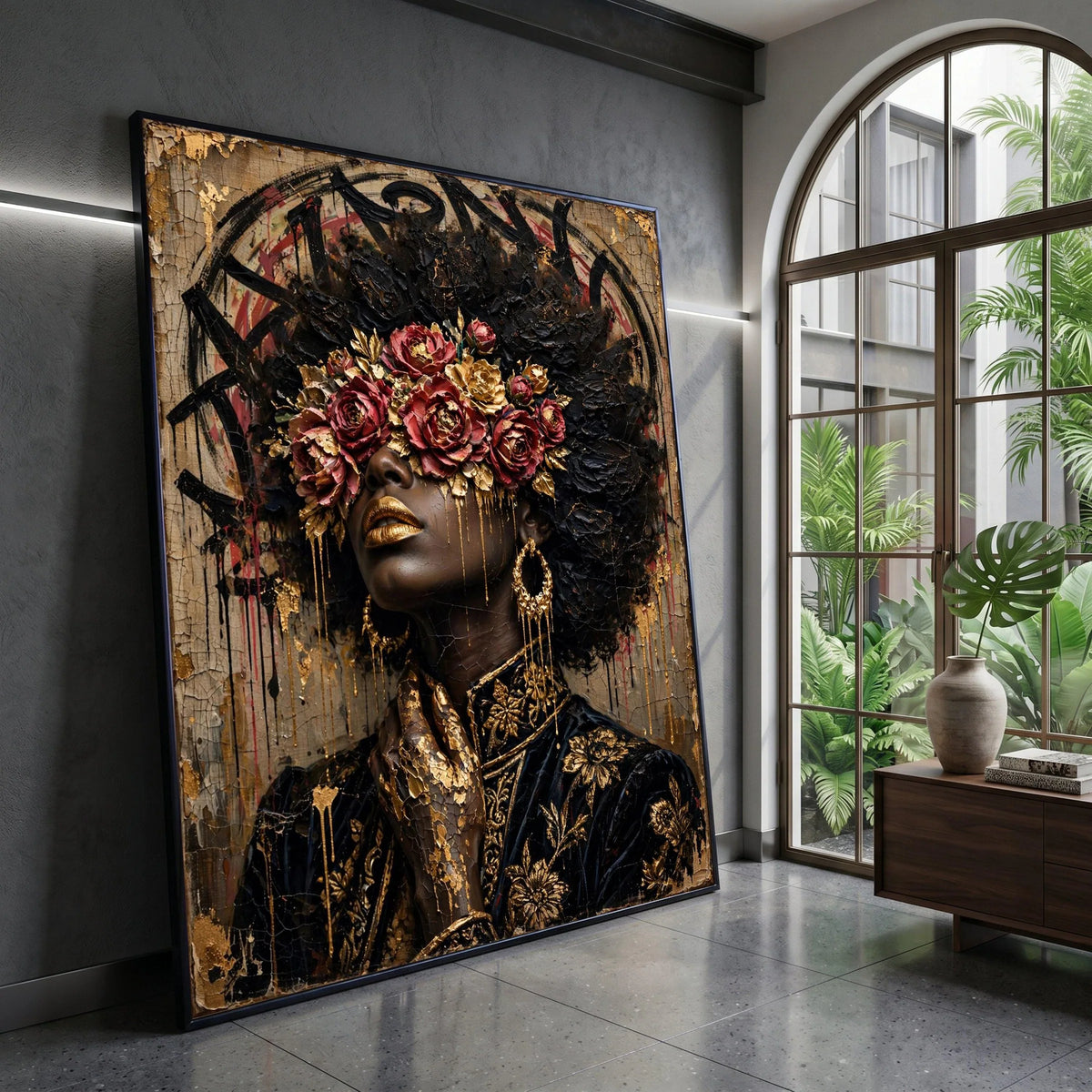 Elegant Woman Portrait with Floral Crown, Gold Accents Canvas, Black and Gold Wall Art, Fashion Art Decoration, Luxe Canvas Print Art