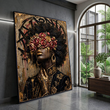 Elegant Woman Portrait with Floral Crown, Gold Accents Canvas, Black and Gold Wall Art, Fashion Art Decoration, Luxe Canvas Print Art