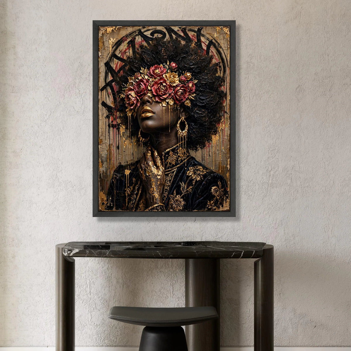 Elegant Woman Portrait with Floral Crown, Gold Accents Canvas, Black and Gold Wall Art, Fashion Art Decoration, Luxe Canvas Print Art