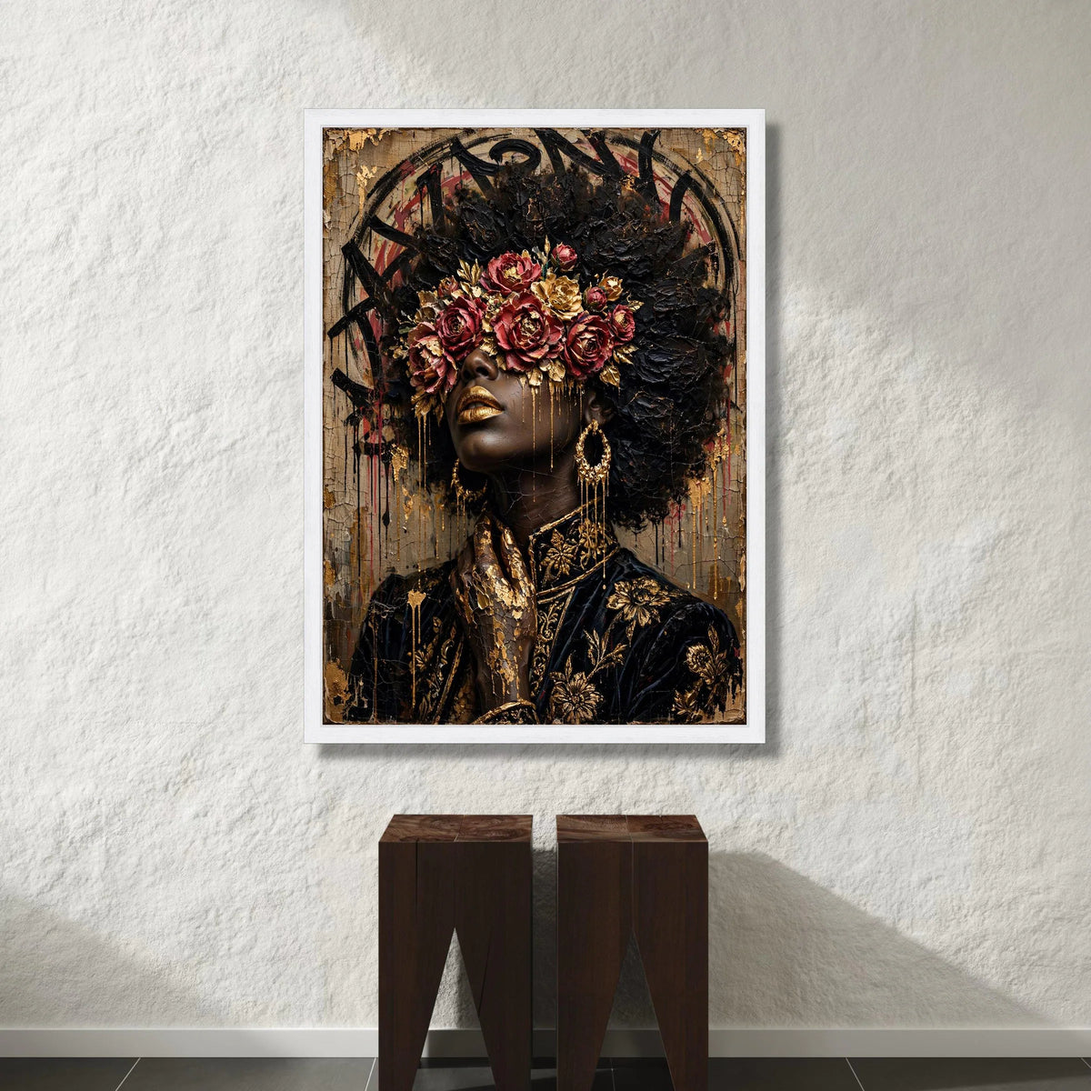 Elegant Woman Portrait with Floral Crown, Gold Accents Canvas, Black and Gold Wall Art, Fashion Art Decoration, Luxe Canvas Print Art