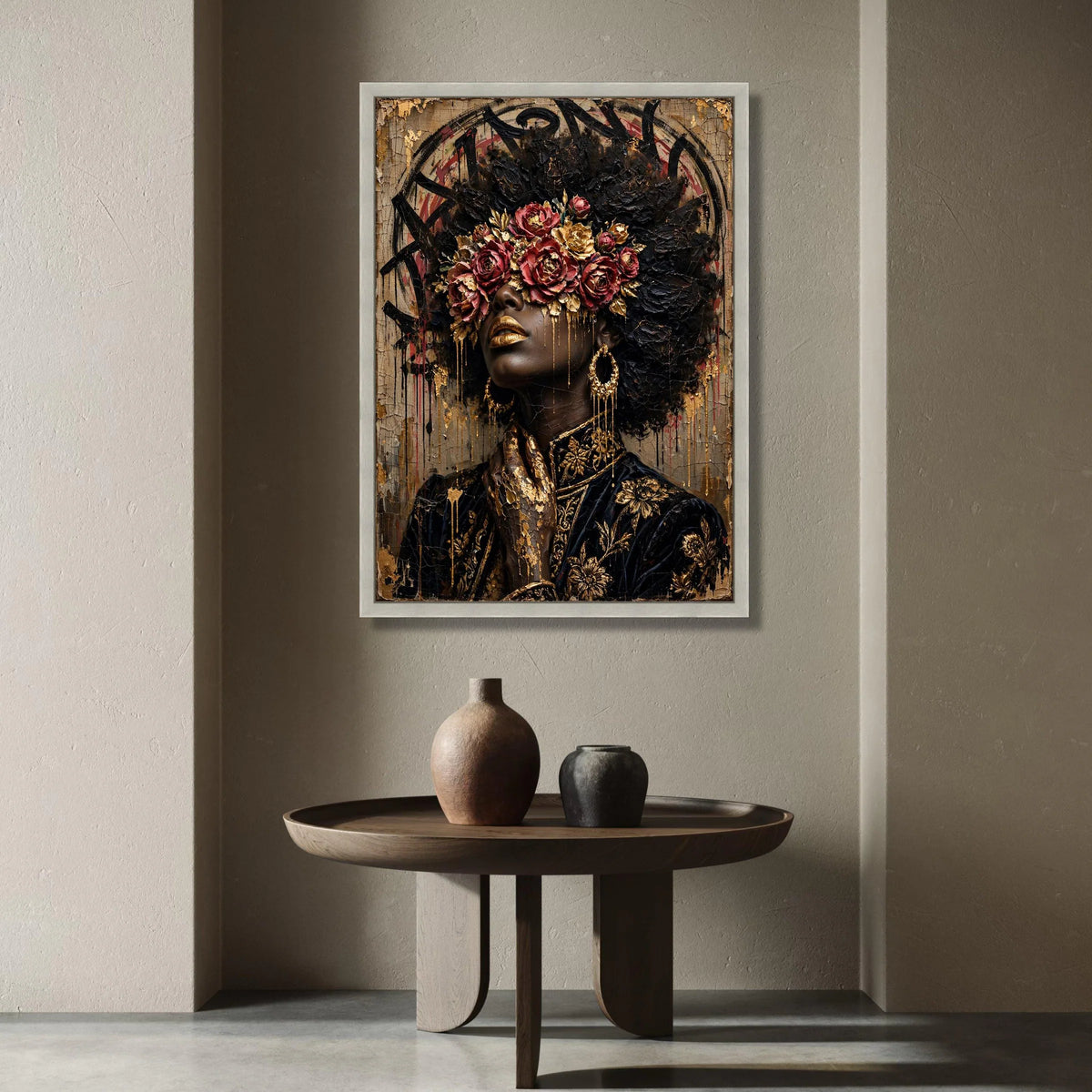 Elegant Woman Portrait with Floral Crown, Gold Accents Canvas, Black and Gold Wall Art, Fashion Art Decoration, Luxe Canvas Print Art