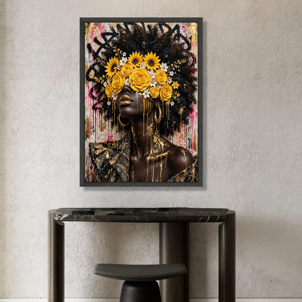 Contemporary Afrocentric Portrait Canvas, Floral Crown Wall Art, Yellow Roses and Sunflowers, Golden Accents Canvas, Modern Canvas Print Art