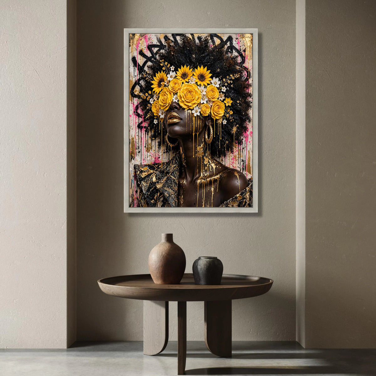 Contemporary Afrocentric Portrait Canvas, Floral Crown Wall Art, Yellow Roses and Sunflowers, Golden Accents Canvas, Modern Canvas Print Art