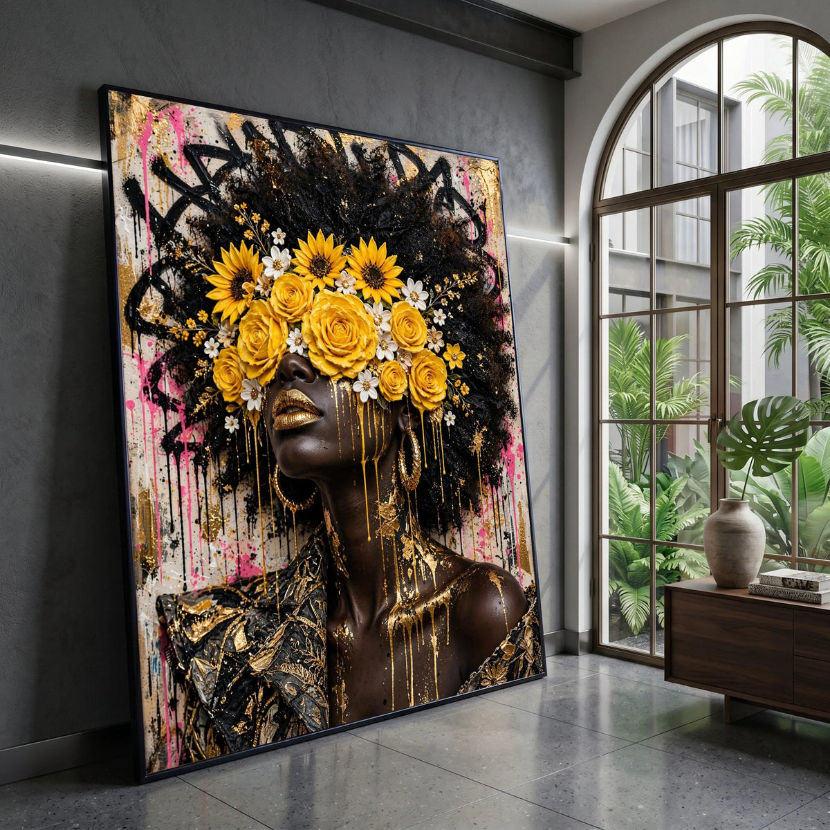 Contemporary Afrocentric Portrait Canvas, Floral Crown Wall Art, Yellow Roses and Sunflowers, Golden Accents Canvas, Modern Canvas Print Art