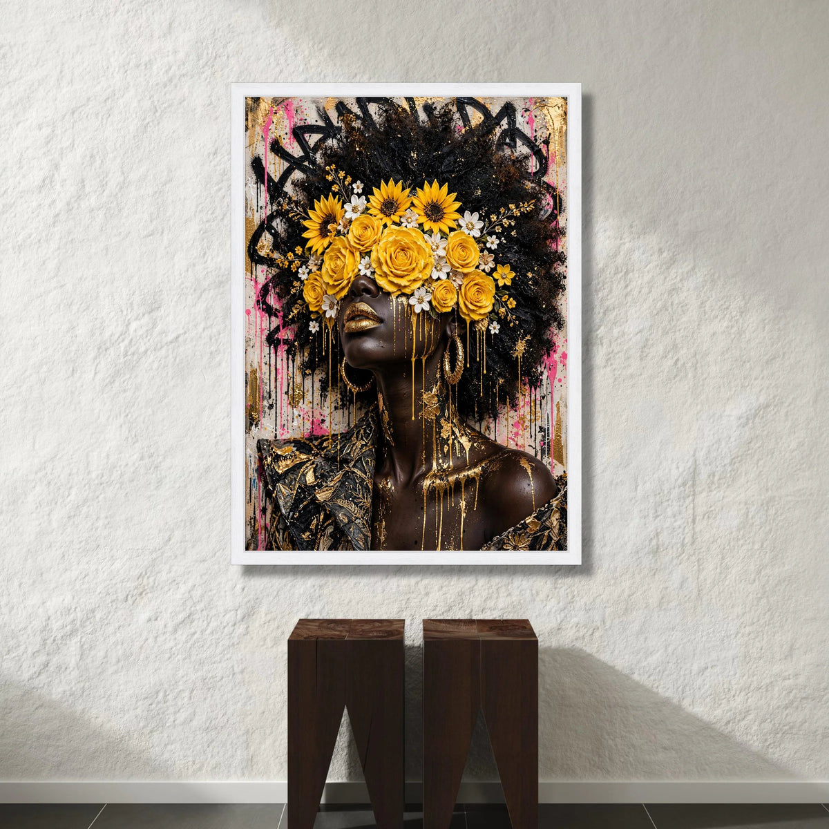 Contemporary Afrocentric Portrait Canvas, Floral Crown Wall Art, Yellow Roses and Sunflowers, Golden Accents Canvas, Modern Canvas Print Art