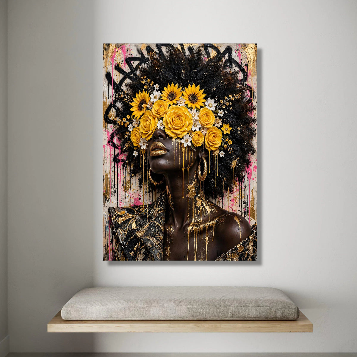 Contemporary Afrocentric Portrait Canvas, Floral Crown Wall Art, Yellow Roses and Sunflowers, Golden Accents Canvas, Modern Canvas Print Art