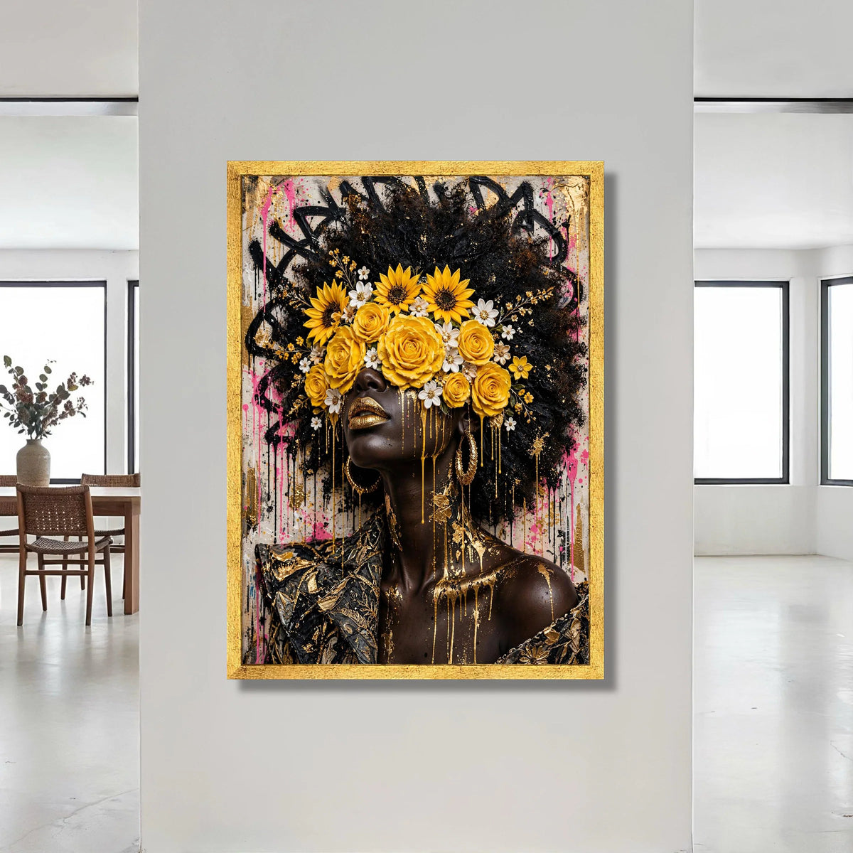 Contemporary Afrocentric Portrait Canvas, Floral Crown Wall Art, Yellow Roses and Sunflowers, Golden Accents Canvas, Modern Canvas Print Art