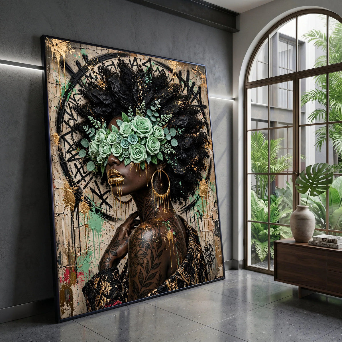 Afrocentric Woman Portrait Canvas, Gold Accents Wall Art, Floral Blindfold Design, Contemporary Urban Canvas, Bold Canvas Print Art